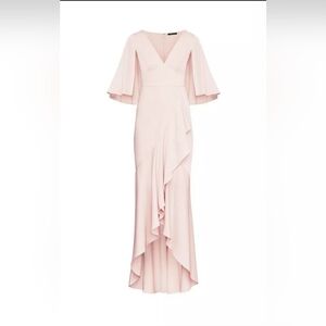 BCBG MAX AZRIA LIGHT SHELL SATIN V-NECK SLIT SLEEVE RUFFLE GOWN DRESS 4